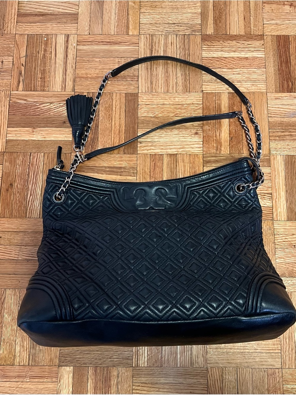 Tory Burch Black Quilted Leather Shoulder Bag with Tassel